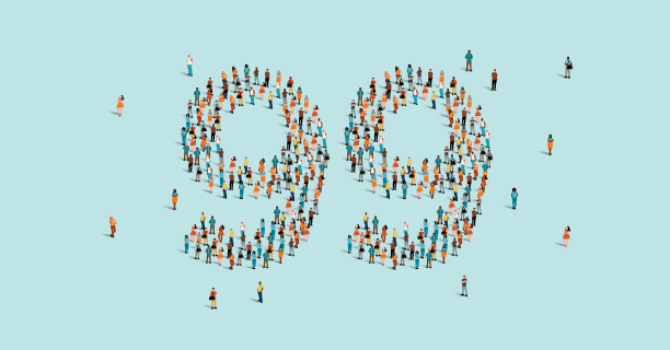An illustration of the number 99. The digits are made up of a large group of diverse people.