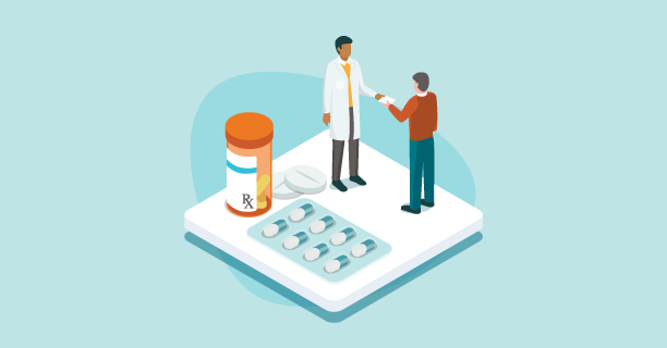 An illustration of a doctor and patient discussing various pills and prescriptions.