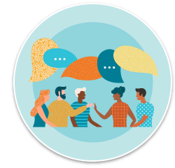 An illustration showing a diverse group of five adults having a conversation, with speech bubbles above their heads.
