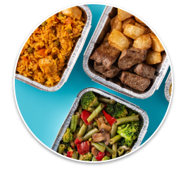A close-up of healthy meals, pre-cooked and in takeout containers.