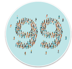 An image of many people organized as the number 99.