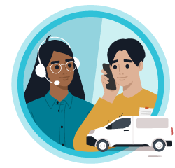 A woman with a headset and a man on the phone.