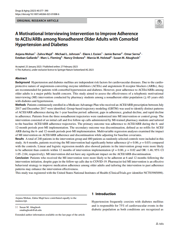 A Motivational Interviewing Intervention to Improve Adherence to ACEIs/ARBs Among Nonadherent Older Adults with Comorbid Hypertension and Diabetes