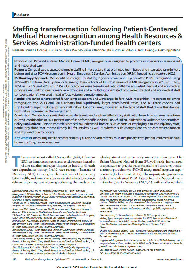 Staffing Transformation Following Patient-Centered Medical Home Recognition Among Health Resources & Services Administration-Funded Health Centers