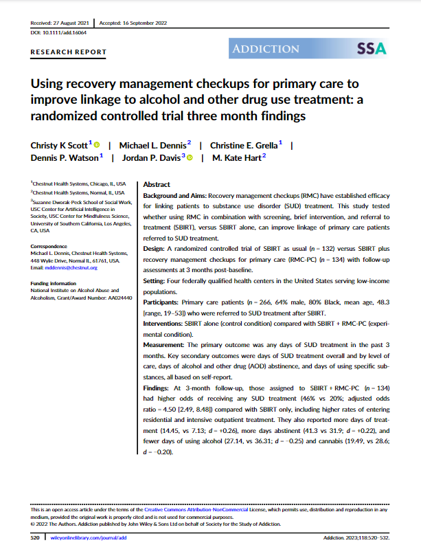 Using Recovery Management Checkups for Primary Care to Improve Linkage to Alcohol and Other Drug Use Treatment