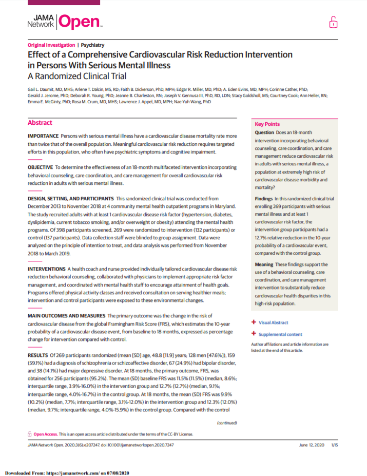 Effect of a Comprehensive Cardiovascular Risk Reduction Intervention in Persons With Serious Mental Illness: A Randomized Clinical Trial